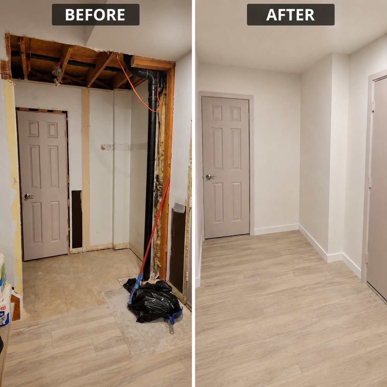 Before and after drywall repair