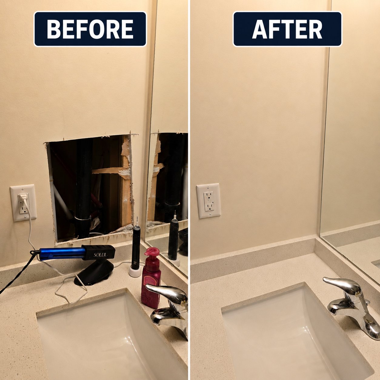 Before and after drywall repair