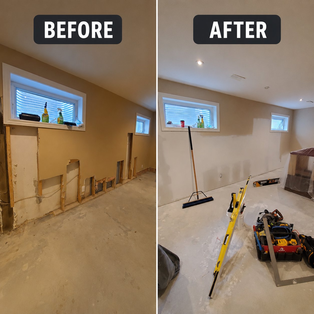 Before and after drywall repair